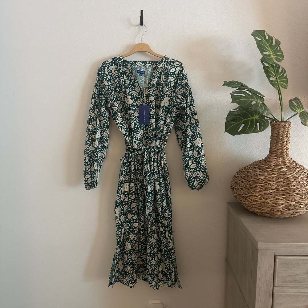 Maison Me Women's Camille‎ Dress Green & Ivory Leaves Size XS Cottagecore